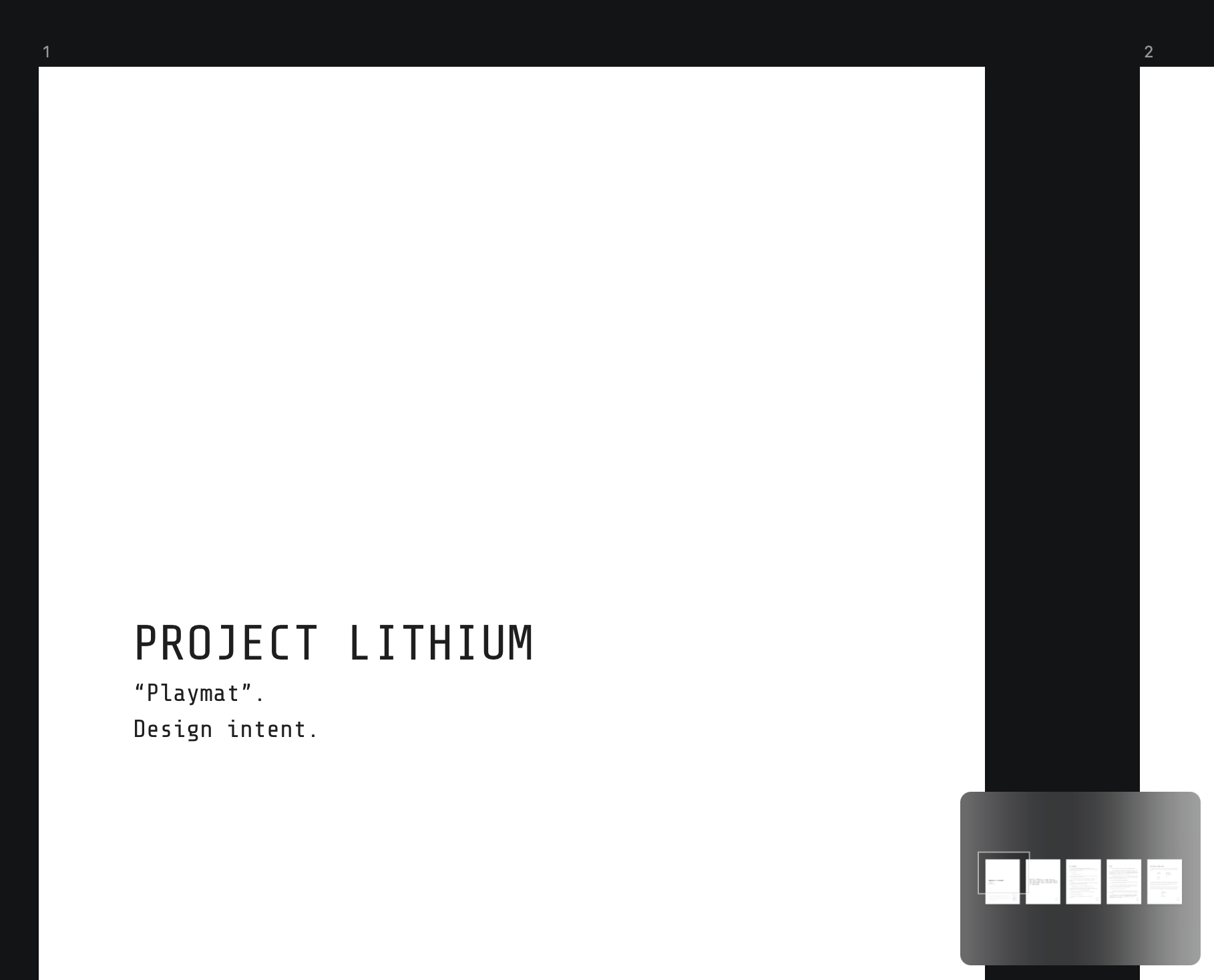 A screenshot of the first page of the PDF, linked below. It says 'PROJECT LITHIUM (Playmat): Design Intent'